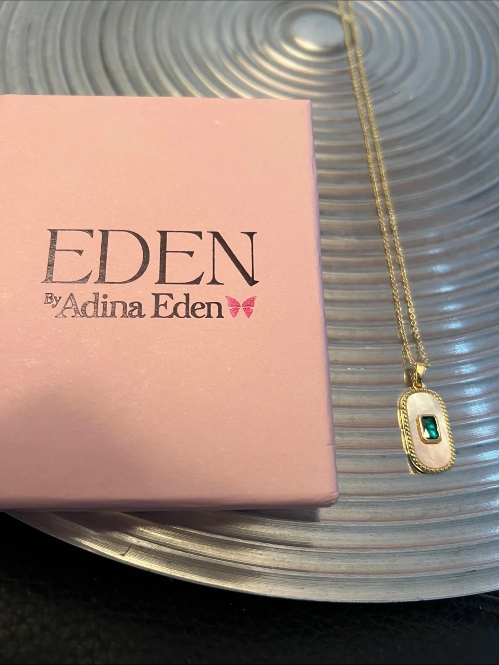 ADINA EDEN Gold Tone Dog Tag Nexklace with White Mother of Pearl and Green CZ